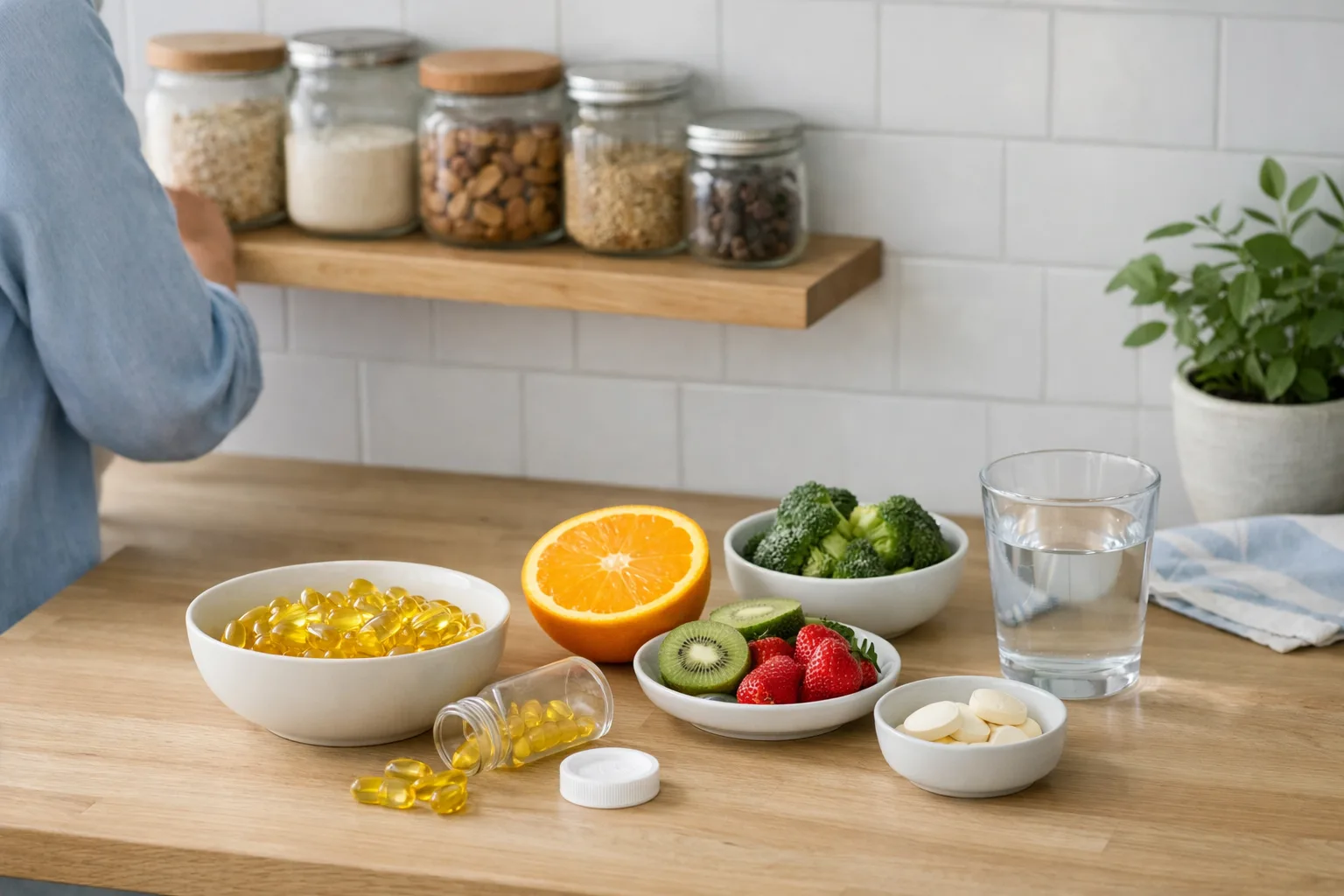 en köksbänk med en trähylla med omärkta glasburkar och kapslar i en skål, mjukt dagsljus