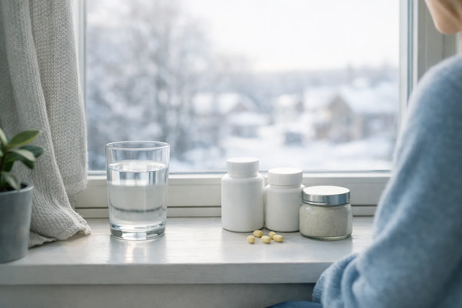 en fönsterbänk med ljust vinterljus och ett glas vatten, omärkta små burkar bredvid
