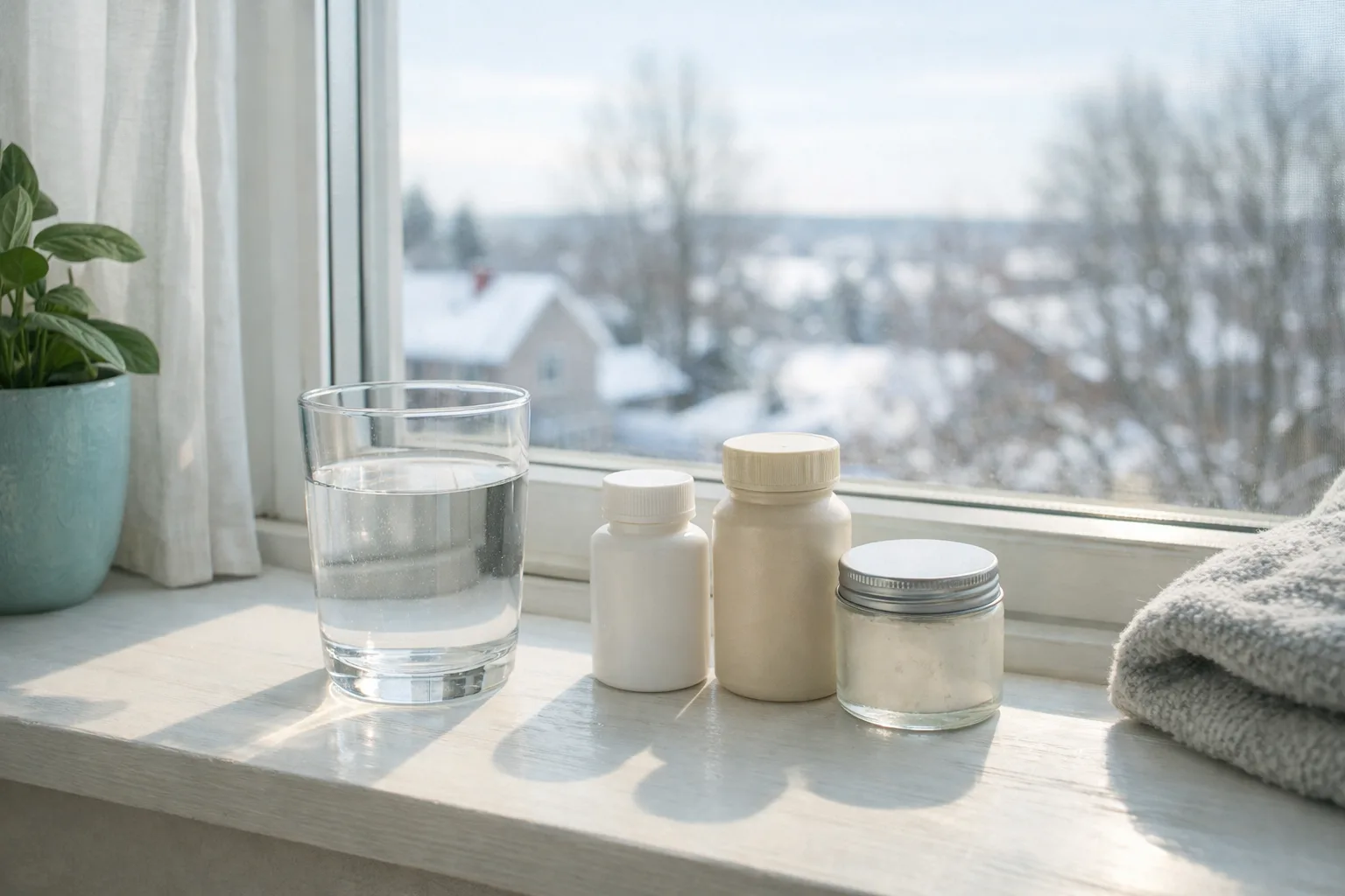 en fönsterbänk med ljust vinterljus och ett glas vatten, omärkta små burkar bredvid