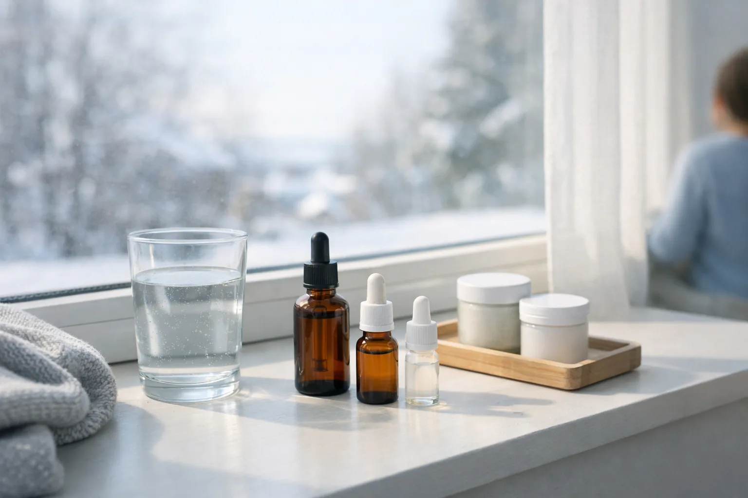 en fönsterbänk med ljust vinterljus och ett glas vatten, omärkta små burkar bredvid
