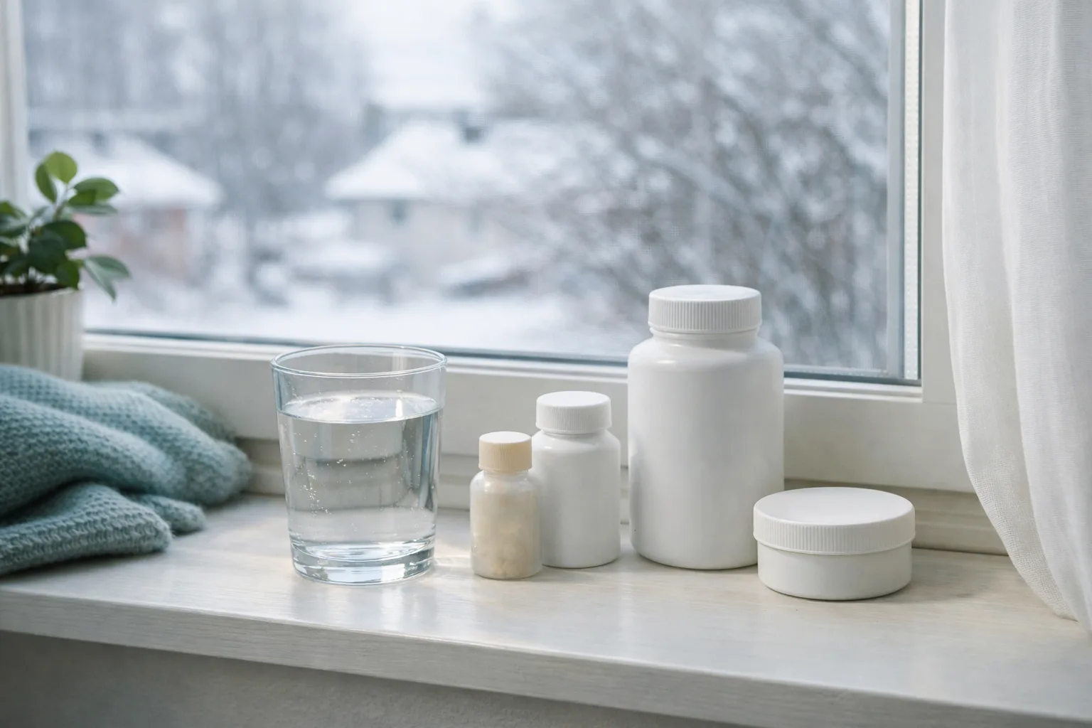 en fönsterbänk med ljust vinterljus och ett glas vatten, omärkta små burkar bredvid