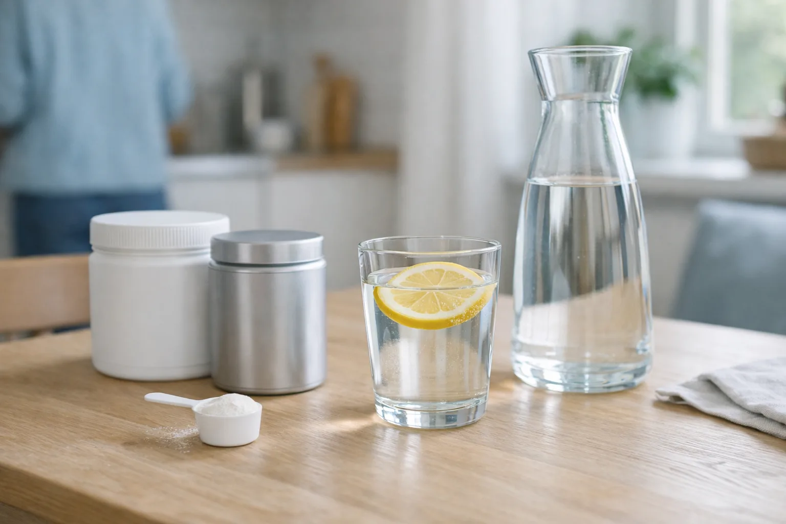 ett glas vatten med citronskiva och en vattenkaraff på ett köksbord