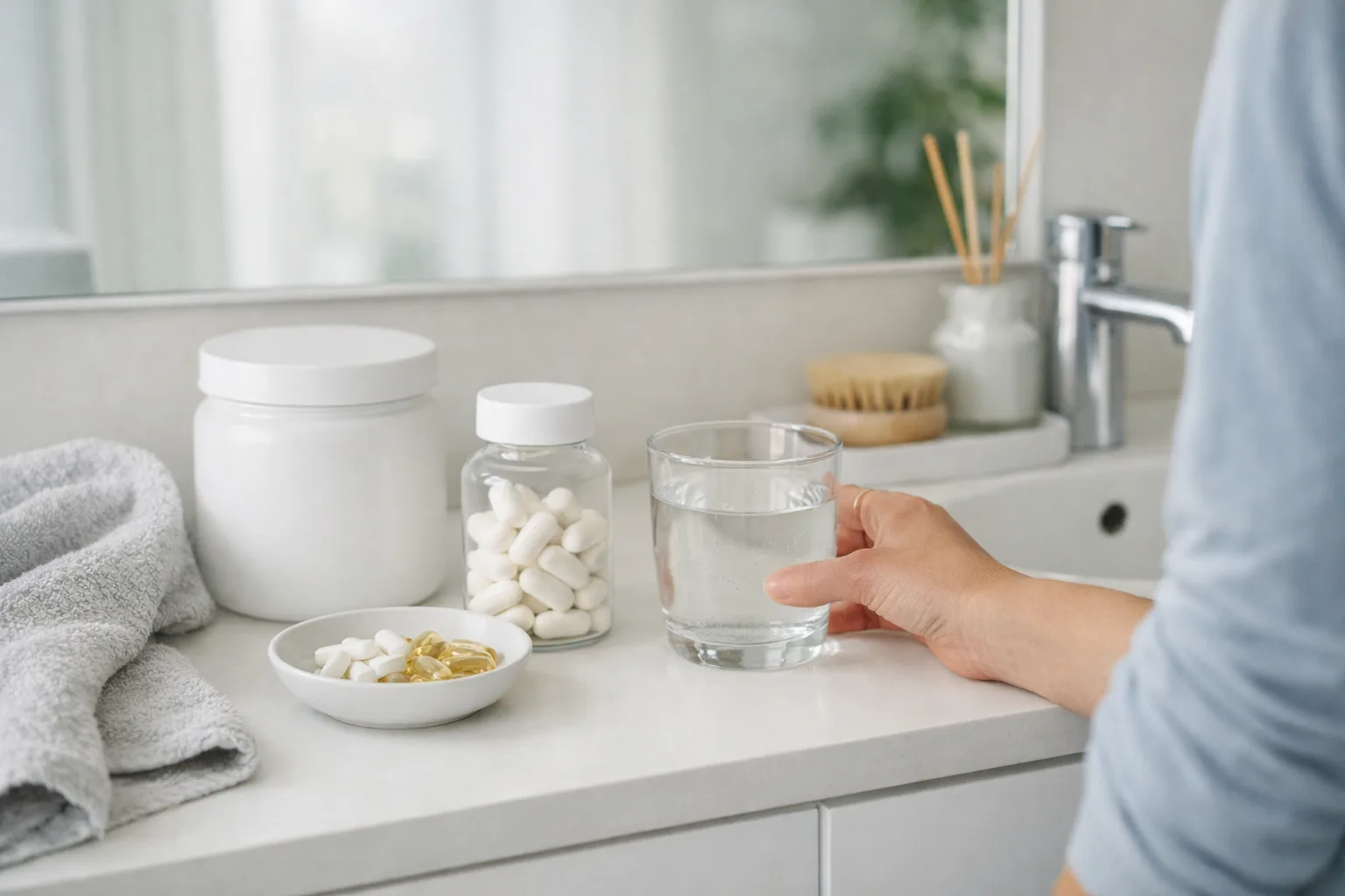 en badrumsbänk i vitt med handduk och mjukt morgonljus, inga produkter med text