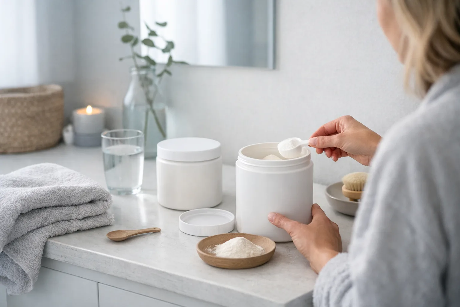 en badrumsbänk i vitt med handduk och mjukt morgonljus, inga produkter med text