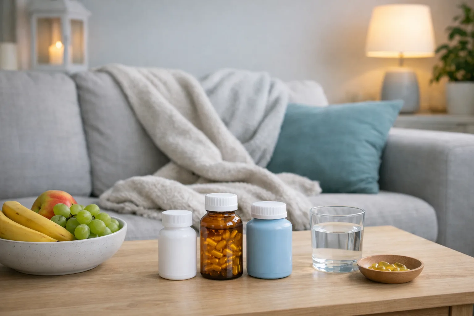 ett mjukt vardagsrum med filt och en fruktskål, inga personer