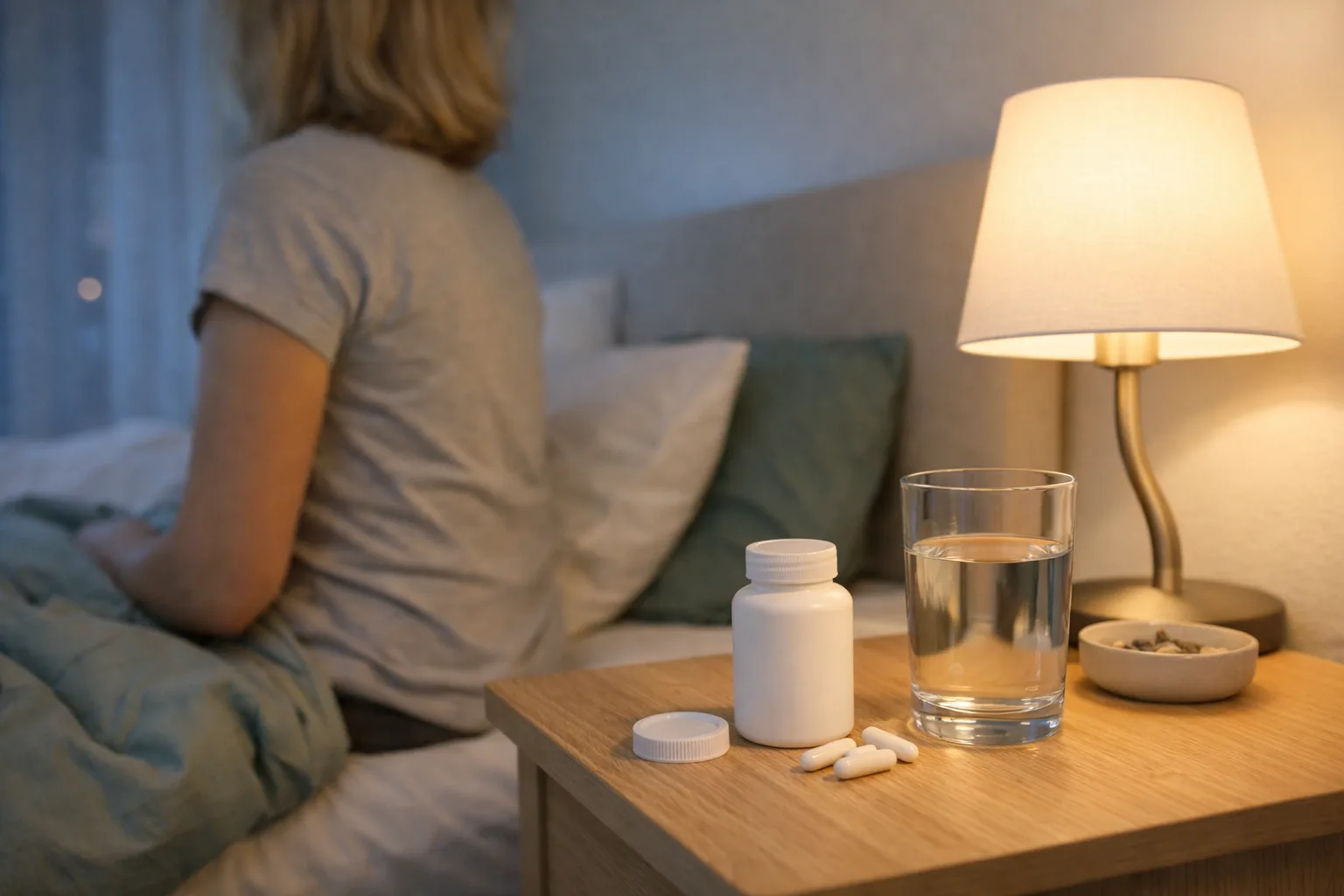 ett lugnt sovrum på kvällen med sänglampa och ett glas vatten på nattduksbordet