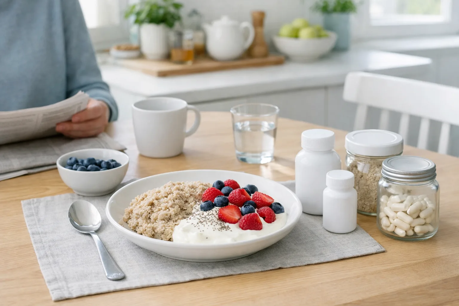 en tallrik med fullkornsgröt, yoghurt och bär på ett frukostbord i ett ljust kök