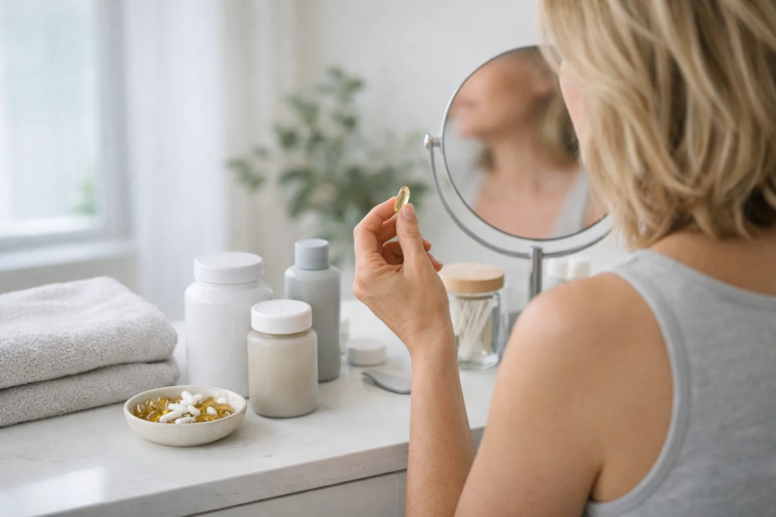 en badrumsbänk i vitt med handduk och mjukt morgonljus, inga produkter med text